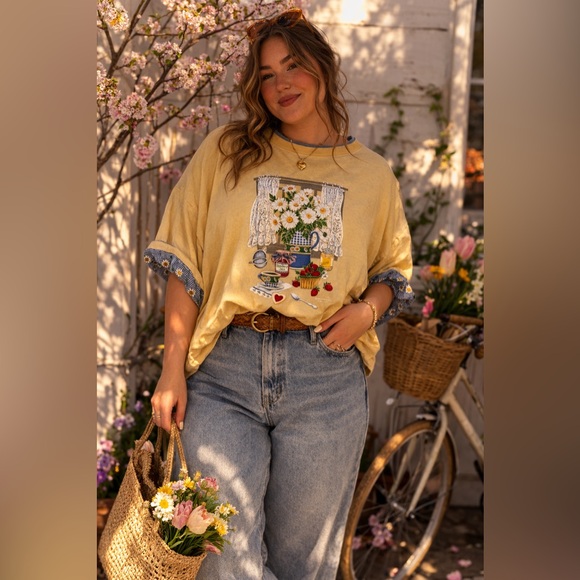 morning sun Tops - Charming Yellow Short Sleeve Women's Tee with Floral Kitchen Design. 2X